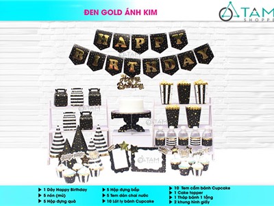 Bộ trang trí sinh nhật cho bé tông Đen Gold ánh kim số 18